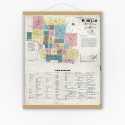 Old map wall art mockup — magnetic wood frame on white wall — Sanborn Fire Insurance Map from Kinston, Lenoir County, North Carolina (1925), Sheet #0001