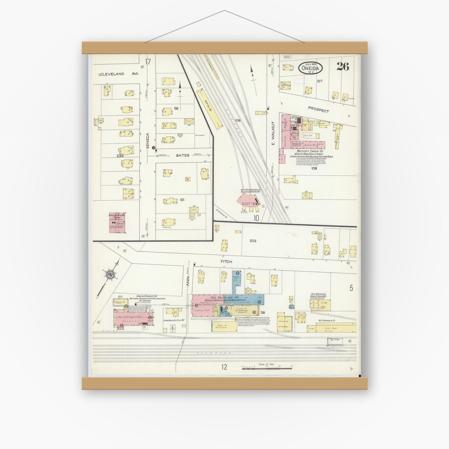 Old map wall art mockup — magnetic wood frame on white wall — Sanborn Fire Insurance Map from Oneida, Madison County, New York (1914), Sheet #0026