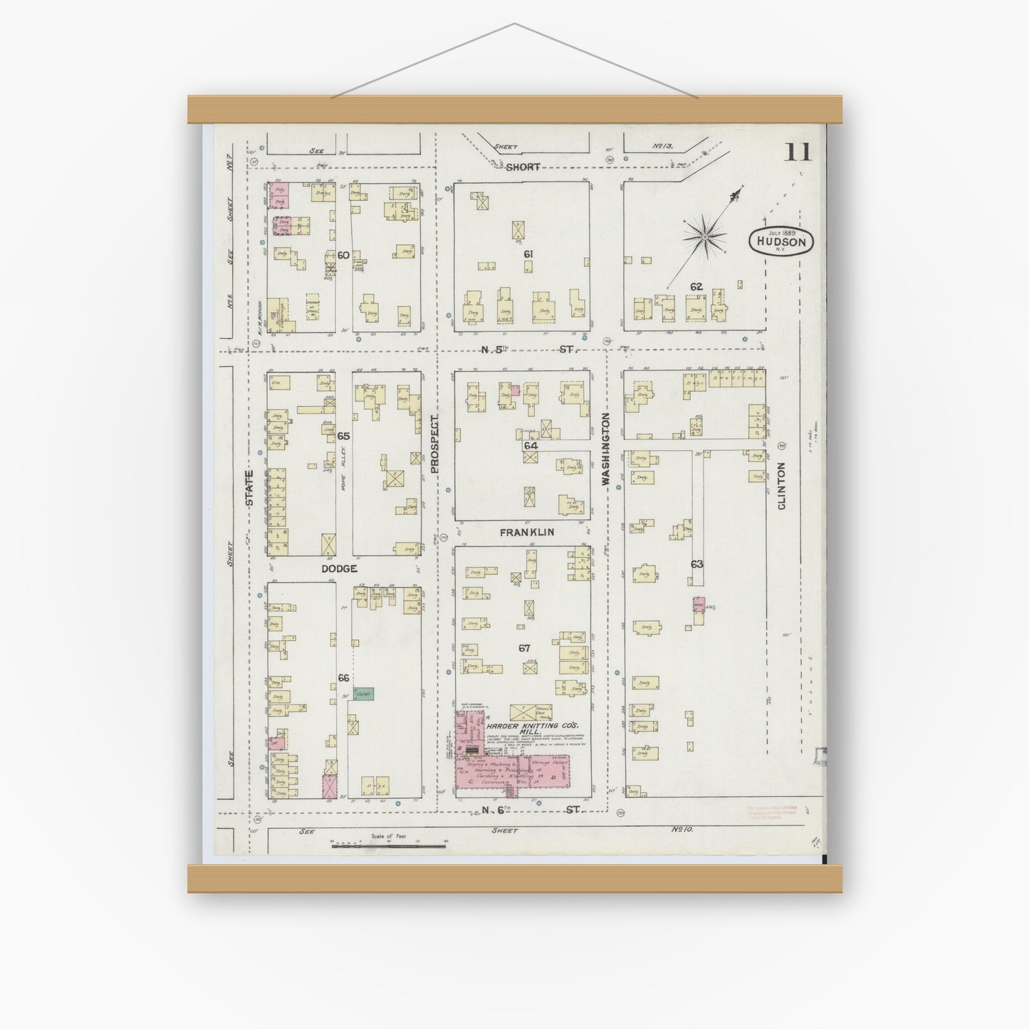 Old map wall art mockup — magnetic wood frame on white wall — Sanborn Fire Insurance Map from Hudson, Columbia County, New York (1889), Sheet #0011