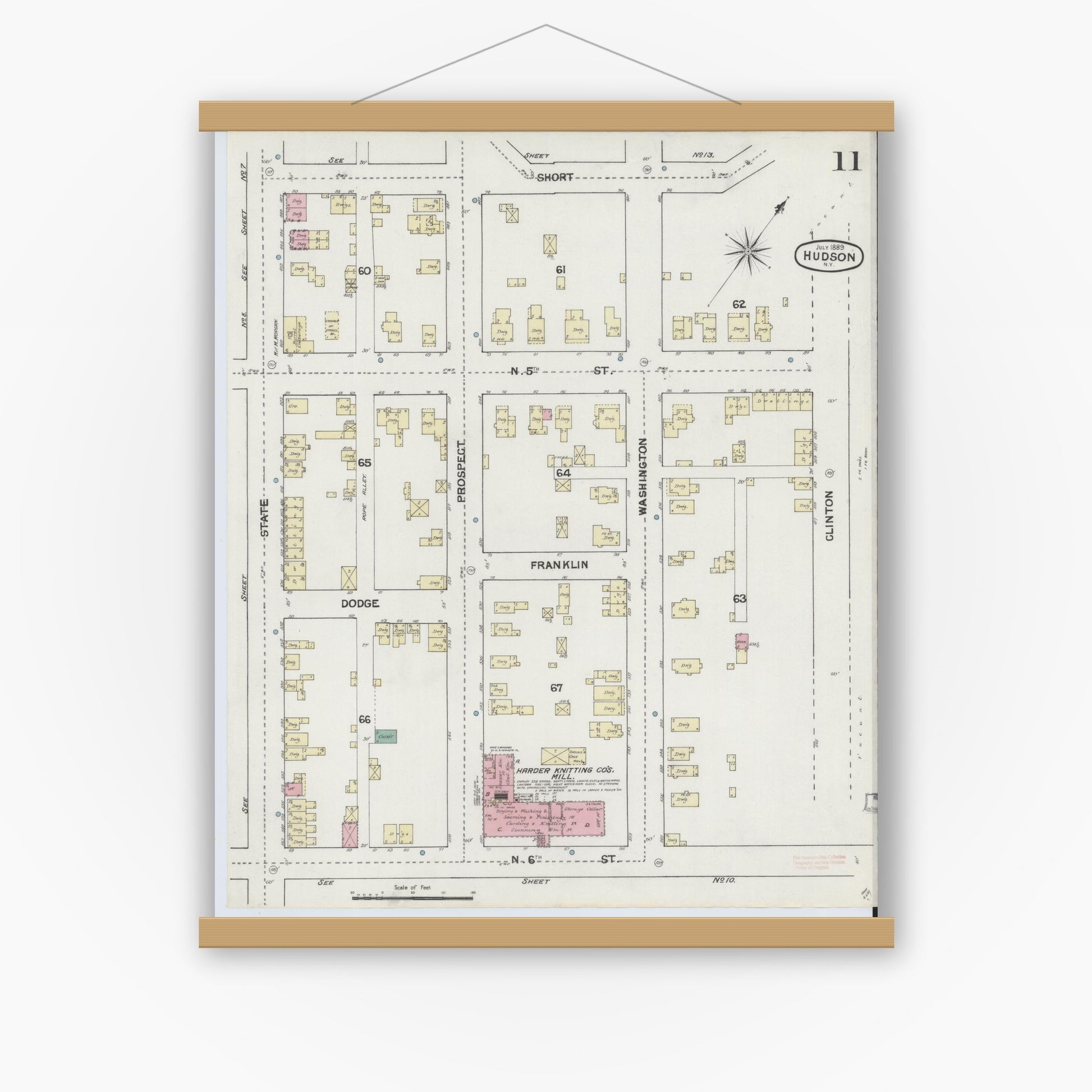 Old map wall art mockup — magnetic wood frame on white wall — Sanborn Fire Insurance Map from Hudson, Columbia County, New York (1889), Sheet #0011