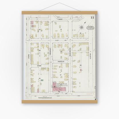 Old map wall art mockup — magnetic wood frame on white wall — Sanborn Fire Insurance Map from Hudson, Columbia County, New York (1889), Sheet #0011