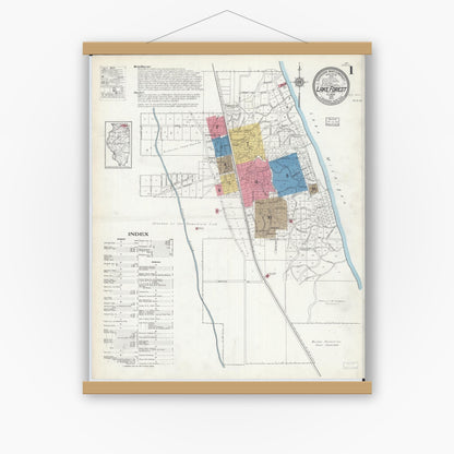 Old map wall art mockup — magnetic wood frame on white wall — Sanborn Fire Insurance Map from Lake Forest, Lake County, Illinois (1917) - Complete Map Set