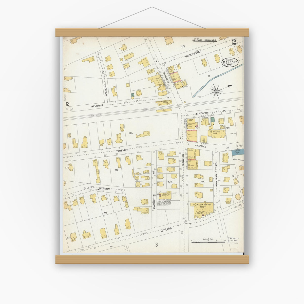 Old map wall art mockup — magnetic wood frame on white wall — Sanborn Fire Insurance Map from Melrose, Middlesex County, Massachusetts (1903), Sheet #0002