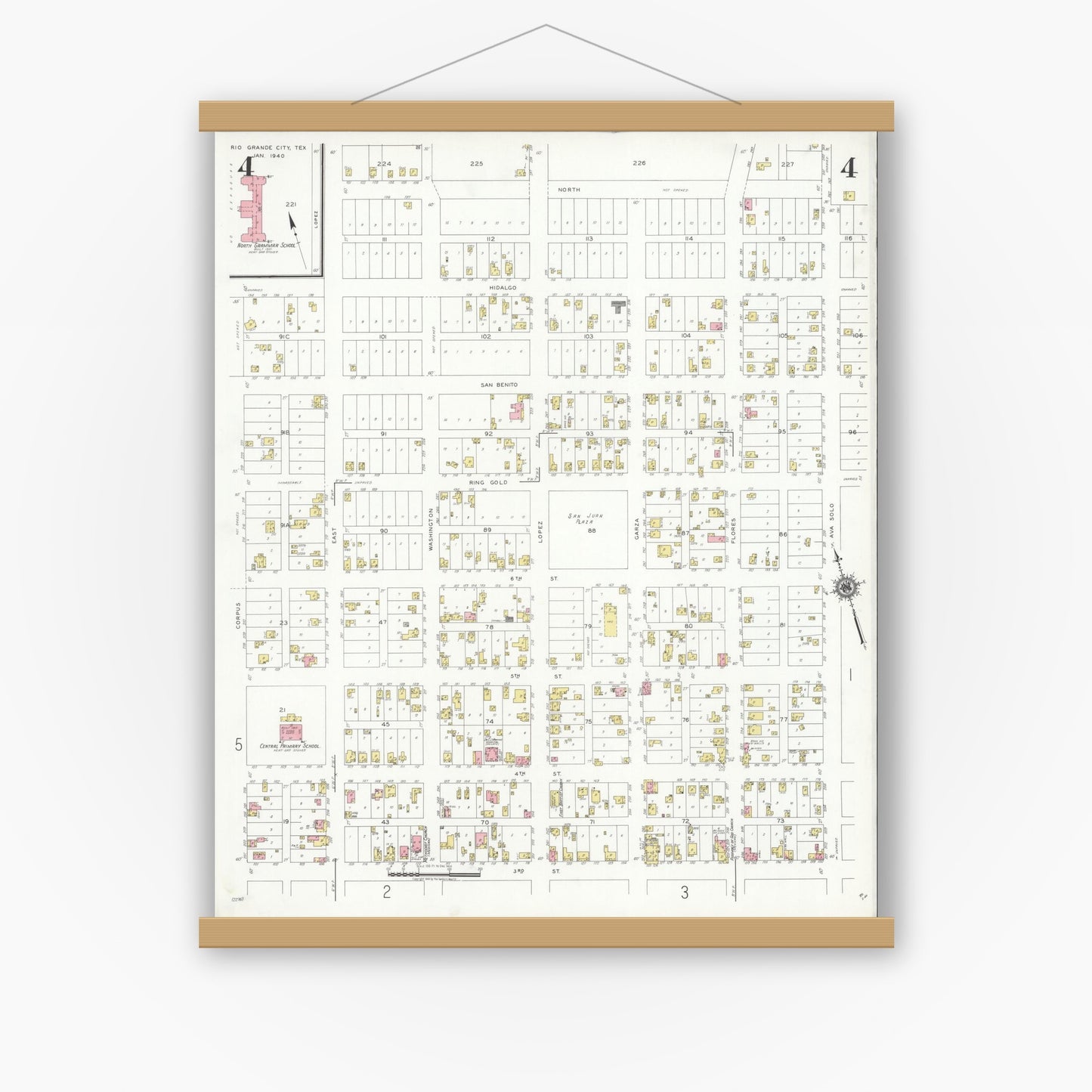 Old map wall art mockup — magnetic wood frame on white wall — Sanborn Fire Insurance Map from Rio Grande City, Starr County, Texas (1940), Sheet #0004