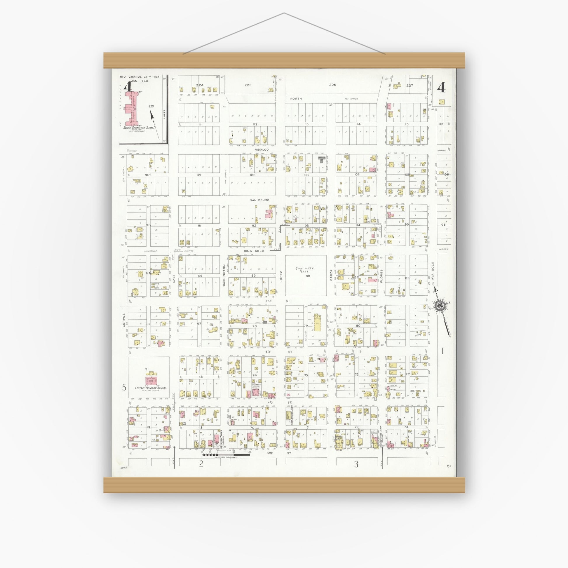 Old map wall art mockup — magnetic wood frame on white wall — Sanborn Fire Insurance Map from Rio Grande City, Starr County, Texas (1940), Sheet #0004