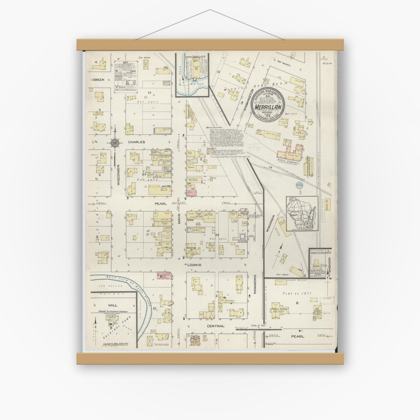 Old map wall art mockup — magnetic wood frame on white wall — Sanborn Fire Insurance Map from Merrillan, Jackson County, Wisconsin (1914), Sheet #0001