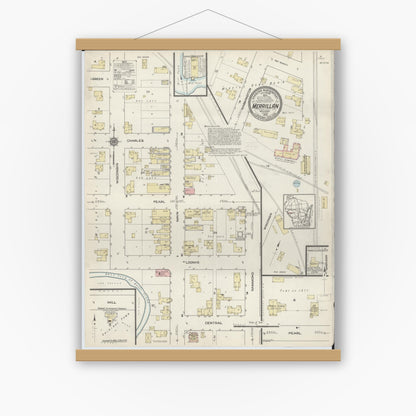 Old map wall art mockup — magnetic wood frame on white wall — Sanborn Fire Insurance Map from Merrillan, Jackson County, Wisconsin (1914), Sheet #0001