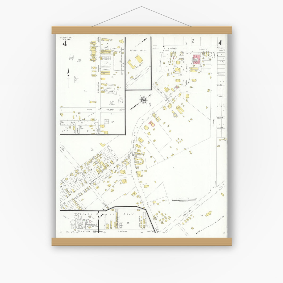 Old map wall art mockup — magnetic wood frame on white wall — Sanborn Fire Insurance Map from Kilgore, Gregg County, Texas (1932), Sheet #0004