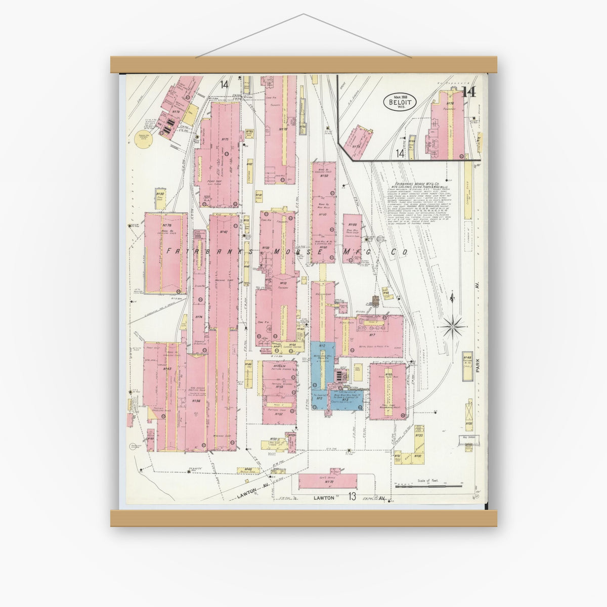 Old map wall art mockup — magnetic wood frame on white wall — Sanborn Fire Insurance Map from Beloit, Rock County, Wisconsin (1908), Sheet #0014