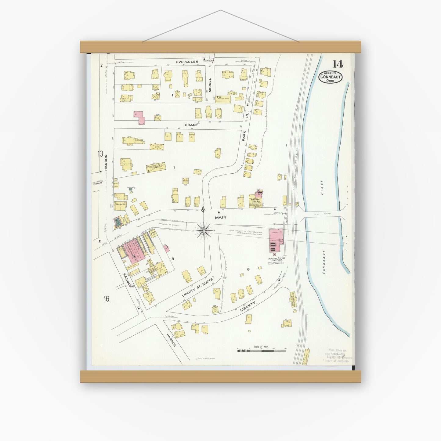 Old map wall art mockup — magnetic wood frame on white wall — Sanborn Fire Insurance Map from Conneaut, Ashtabula County, Ohio (1909), Sheet #0014