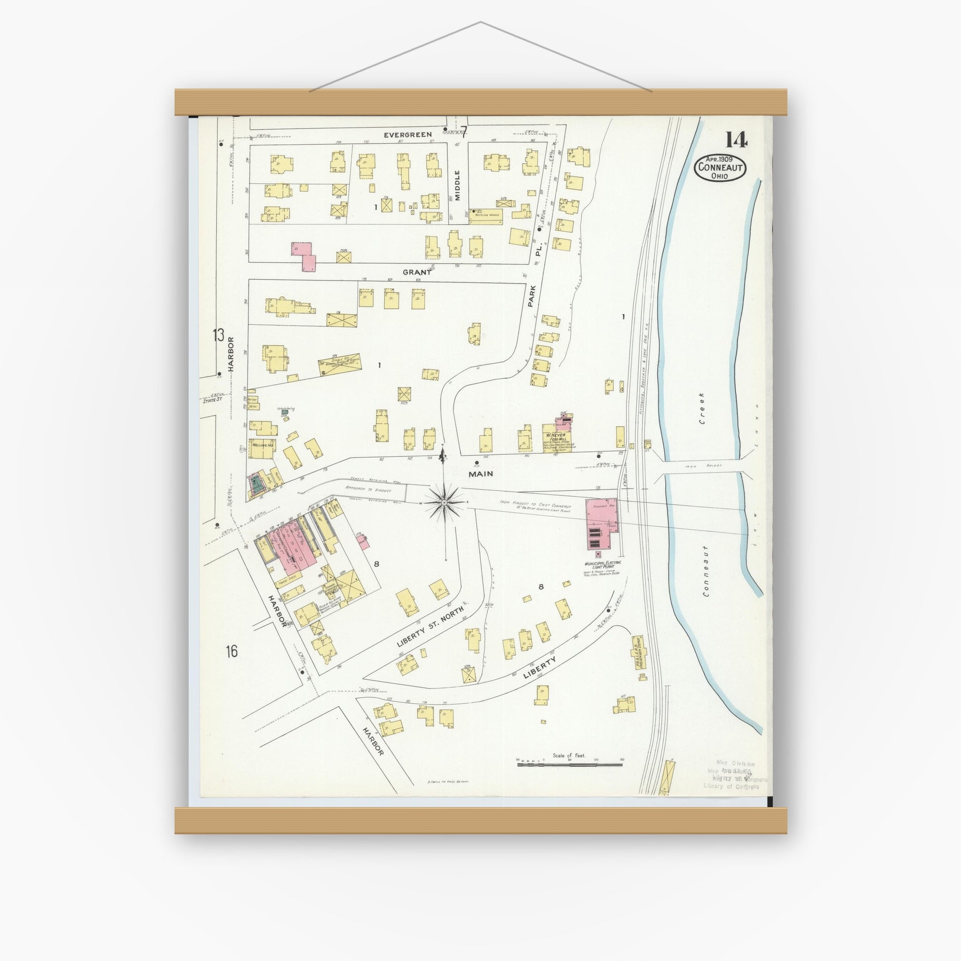 Old map wall art mockup — magnetic wood frame on white wall — Sanborn Fire Insurance Map from Conneaut, Ashtabula County, Ohio (1909), Sheet #0014