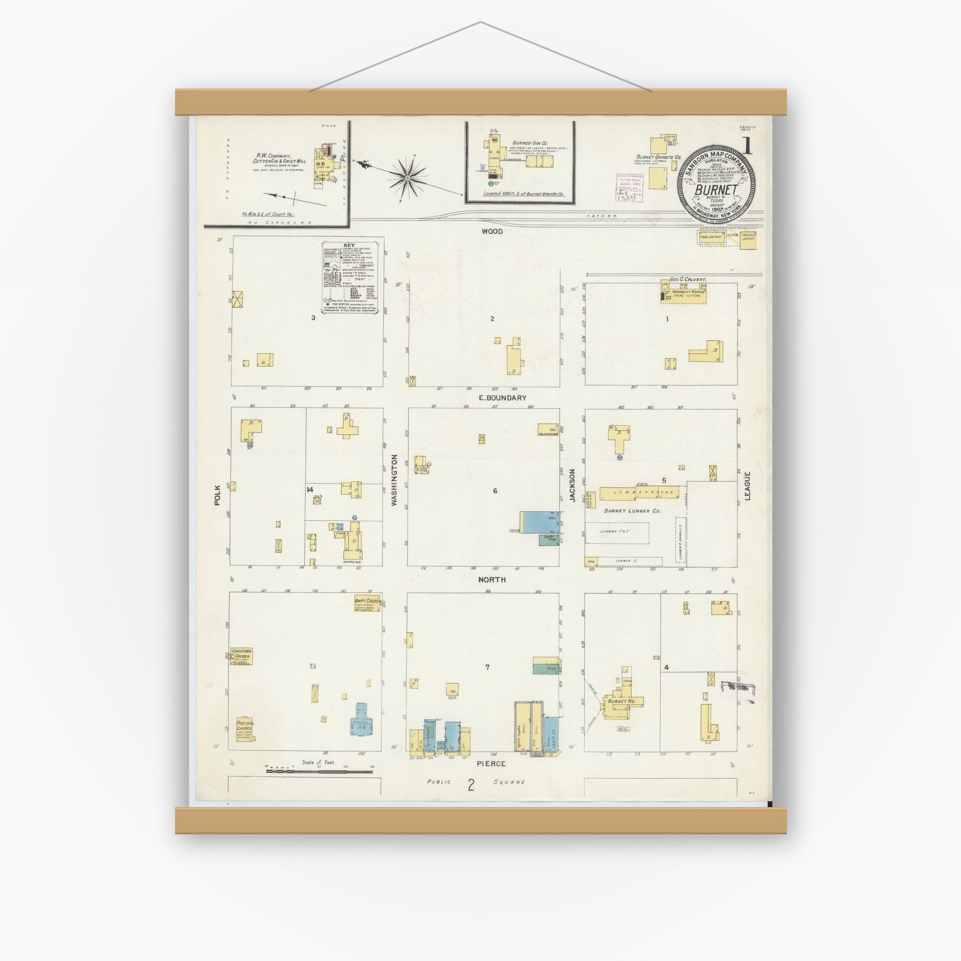 Old map wall art mockup — magnetic wood frame on white wall — Sanborn Fire Insurance Map from Burnet, Burnet County, Texas (1907), Sheet #0001