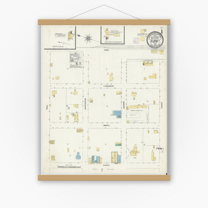 Old map wall art mockup — magnetic wood frame on white wall — Sanborn Fire Insurance Map from Burnet, Burnet County, Texas (1907), Sheet #0001