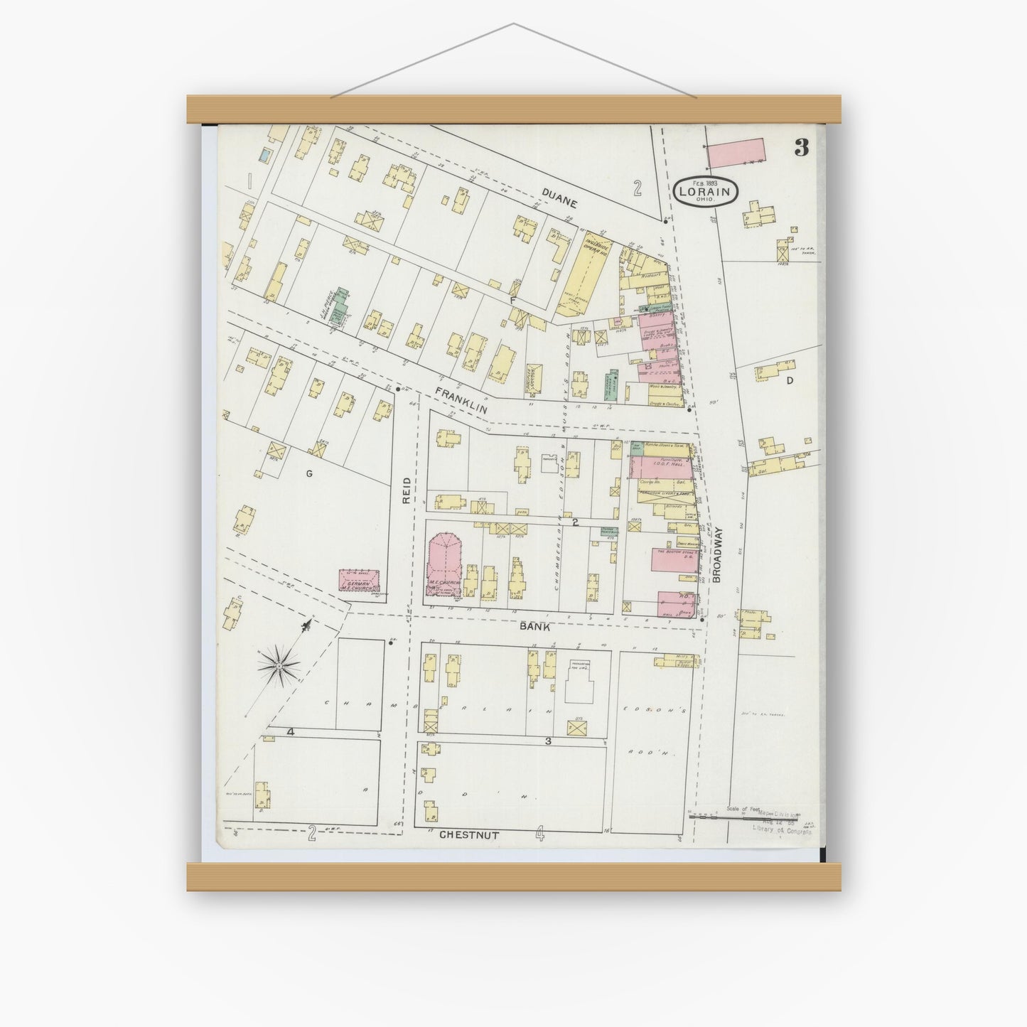 Old map wall art mockup — magnetic wood frame on white wall — Sanborn Fire Insurance Map from Lorain, Lorain County, Ohio (1893), Sheet #0003