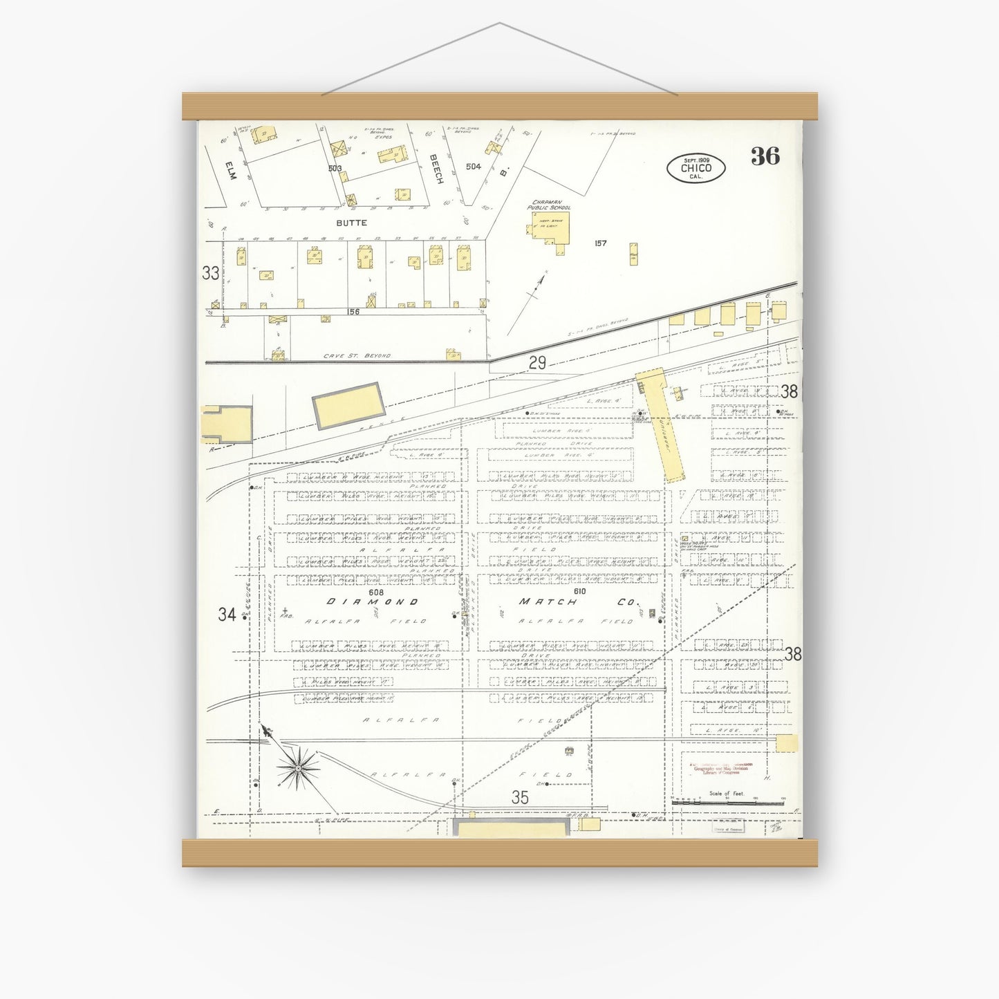 Old map wall art mockup — magnetic wood frame on white wall — Sanborn Fire Insurance Map from Chico, Butte County, California (1909), Sheet #0036