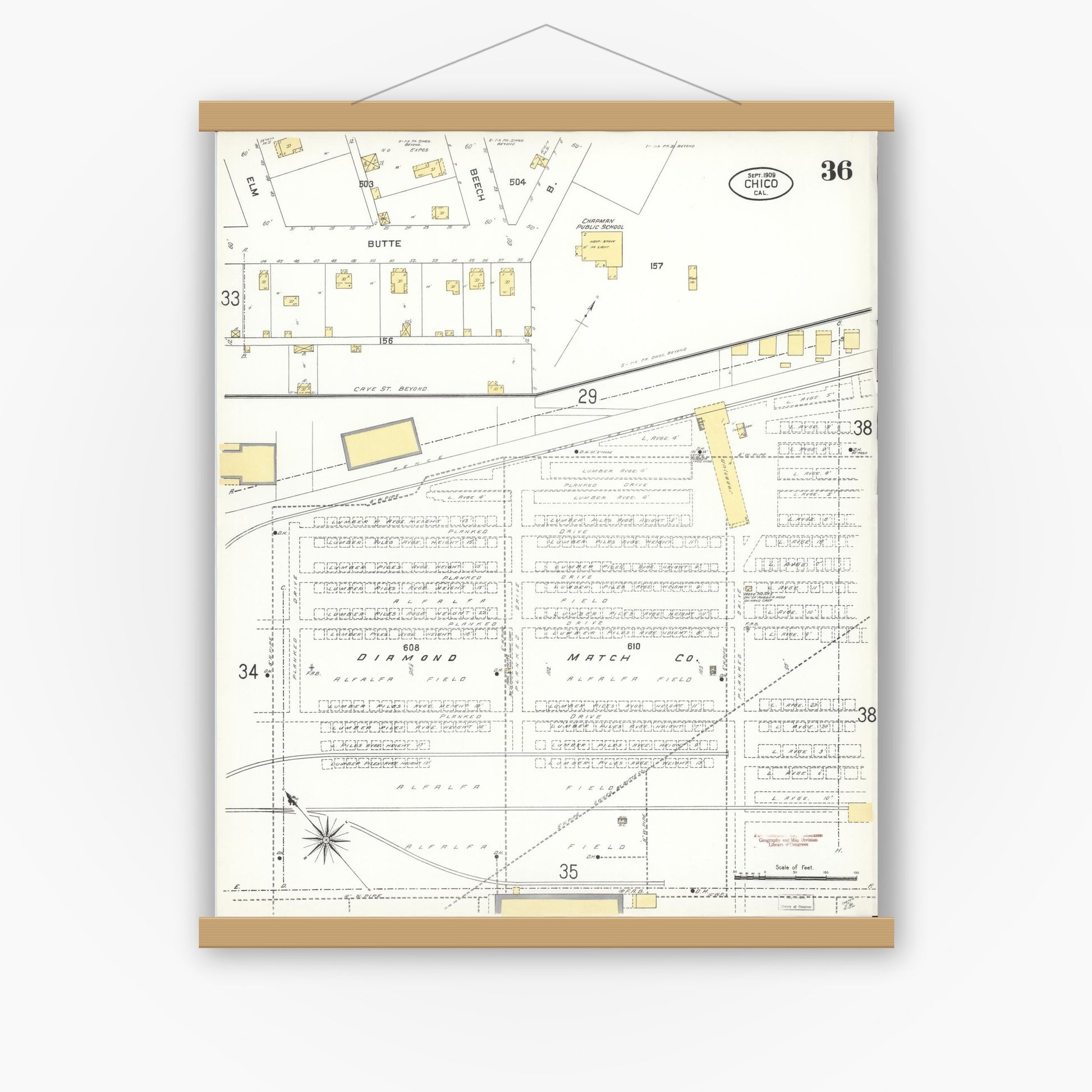 Old map wall art mockup — magnetic wood frame on white wall — Sanborn Fire Insurance Map from Chico, Butte County, California (1909), Sheet #0036
