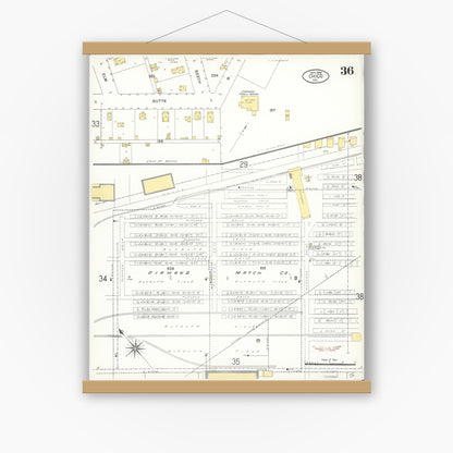 Old map wall art mockup — magnetic wood frame on white wall — Sanborn Fire Insurance Map from Chico, Butte County, California (1909), Sheet #0036