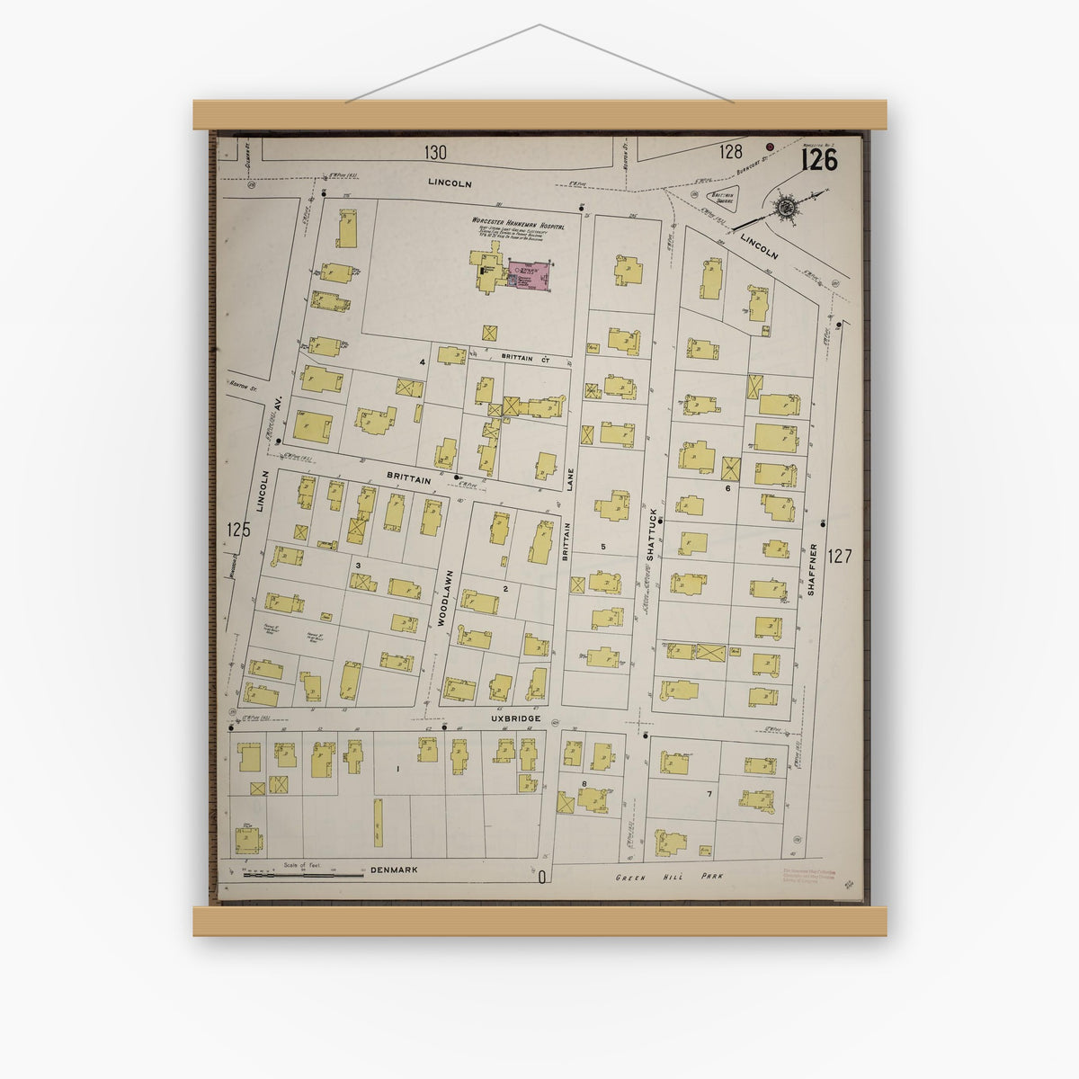 Old map wall art mockup — magnetic wood frame on white wall — Sanborn Fire Insurance Map from Worcester, Worcester County, Massachusetts (1910), Sheet #0126