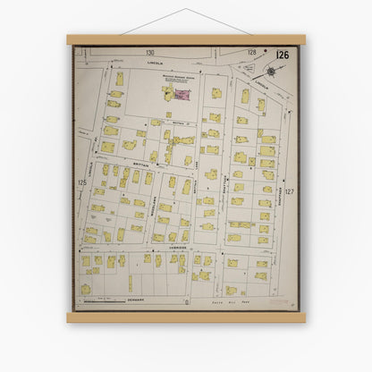 Old map wall art mockup — magnetic wood frame on white wall — Sanborn Fire Insurance Map from Worcester, Worcester County, Massachusetts (1910), Sheet #0126