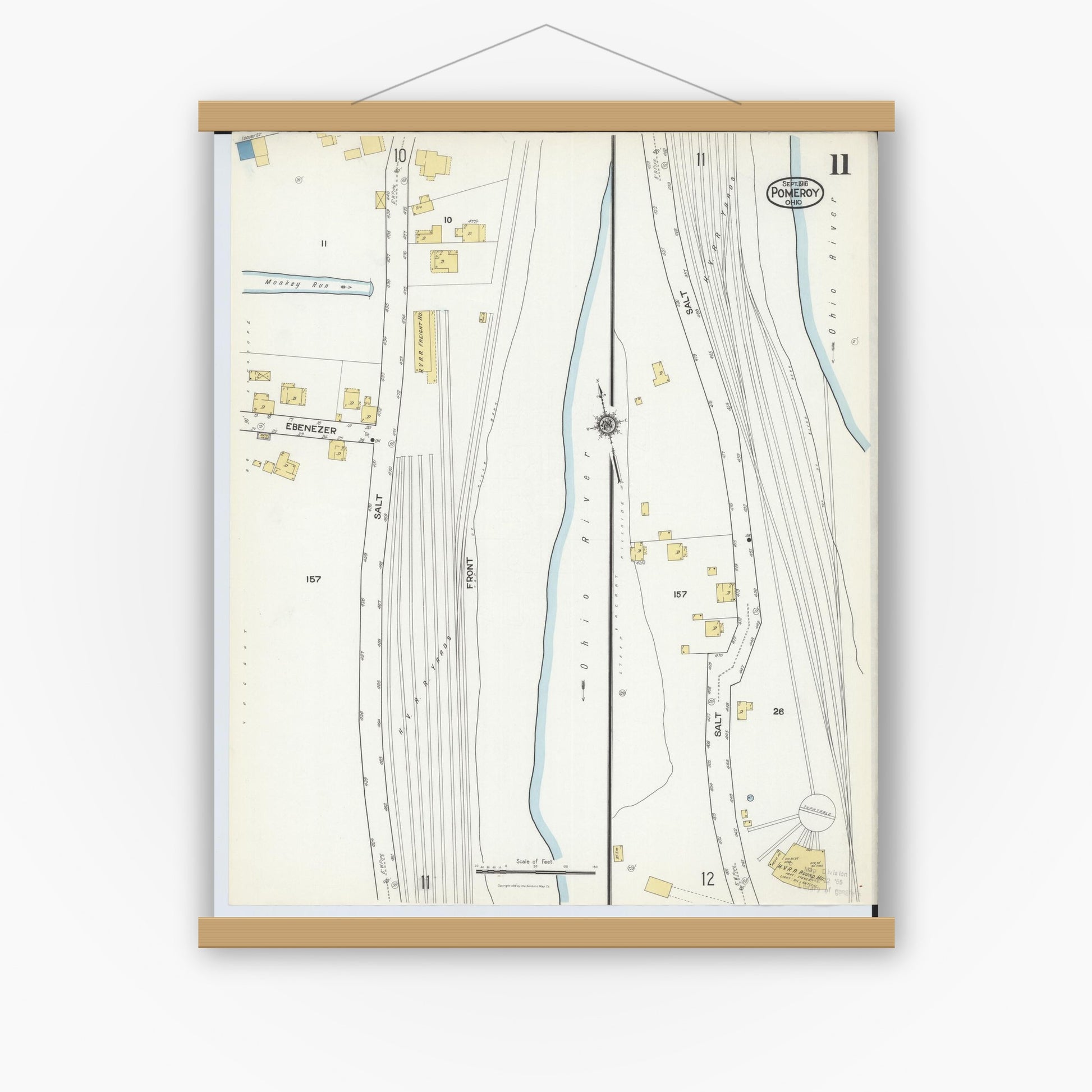 Old map wall art mockup — magnetic wood frame on white wall — Sanborn Fire Insurance Map from Pomeroy, Meigs County, Ohio (1916), Sheet #0011