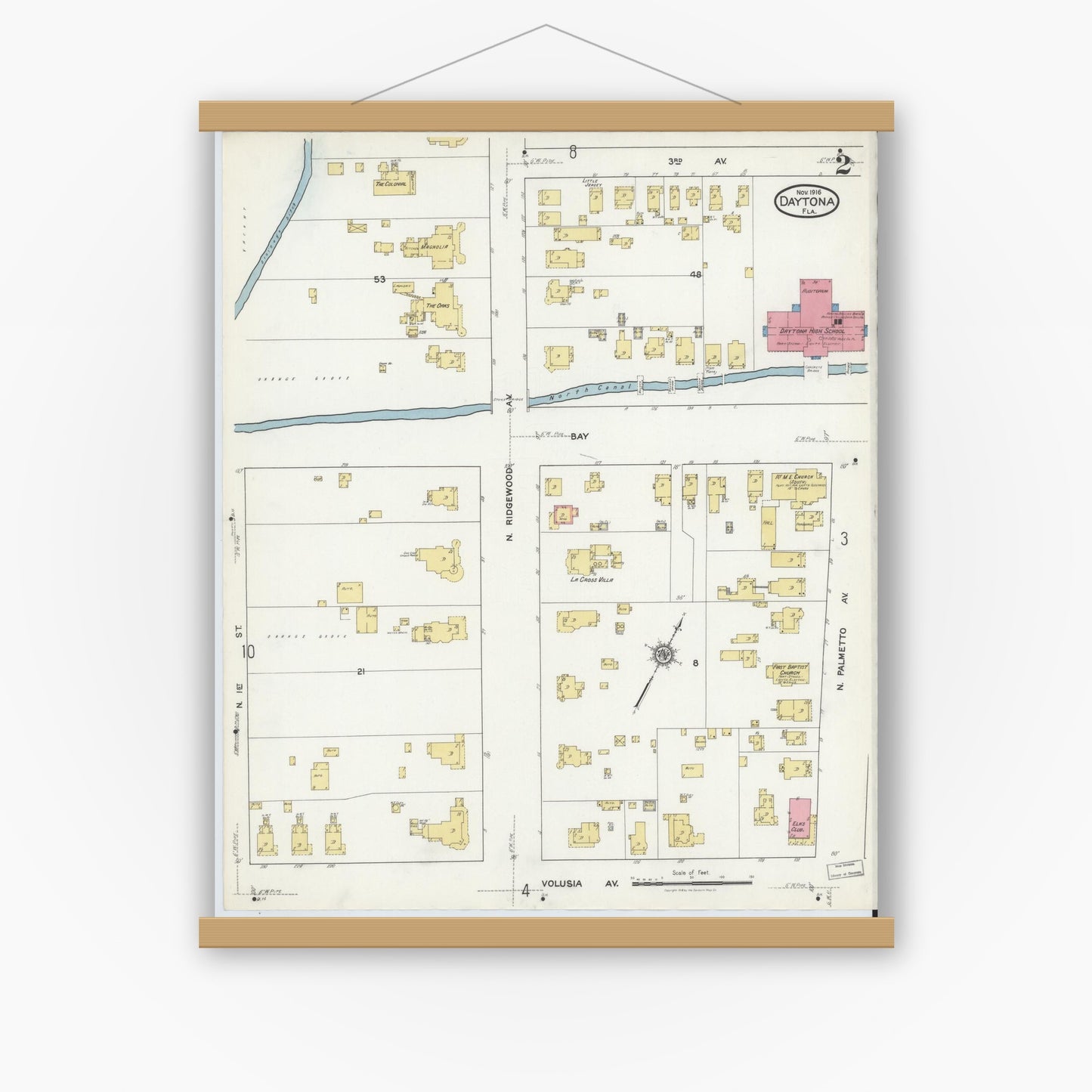 Old map wall art mockup — magnetic wood frame on white wall — Sanborn Fire Insurance Map from Daytona, Volusia County, Florida (1916), Sheet #0002