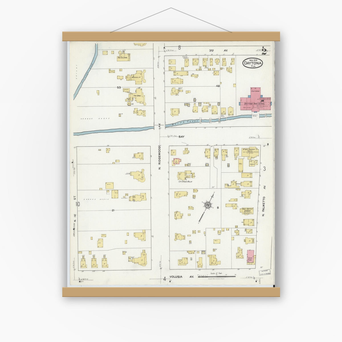 Old map wall art mockup — magnetic wood frame on white wall — Sanborn Fire Insurance Map from Daytona, Volusia County, Florida (1916), Sheet #0002