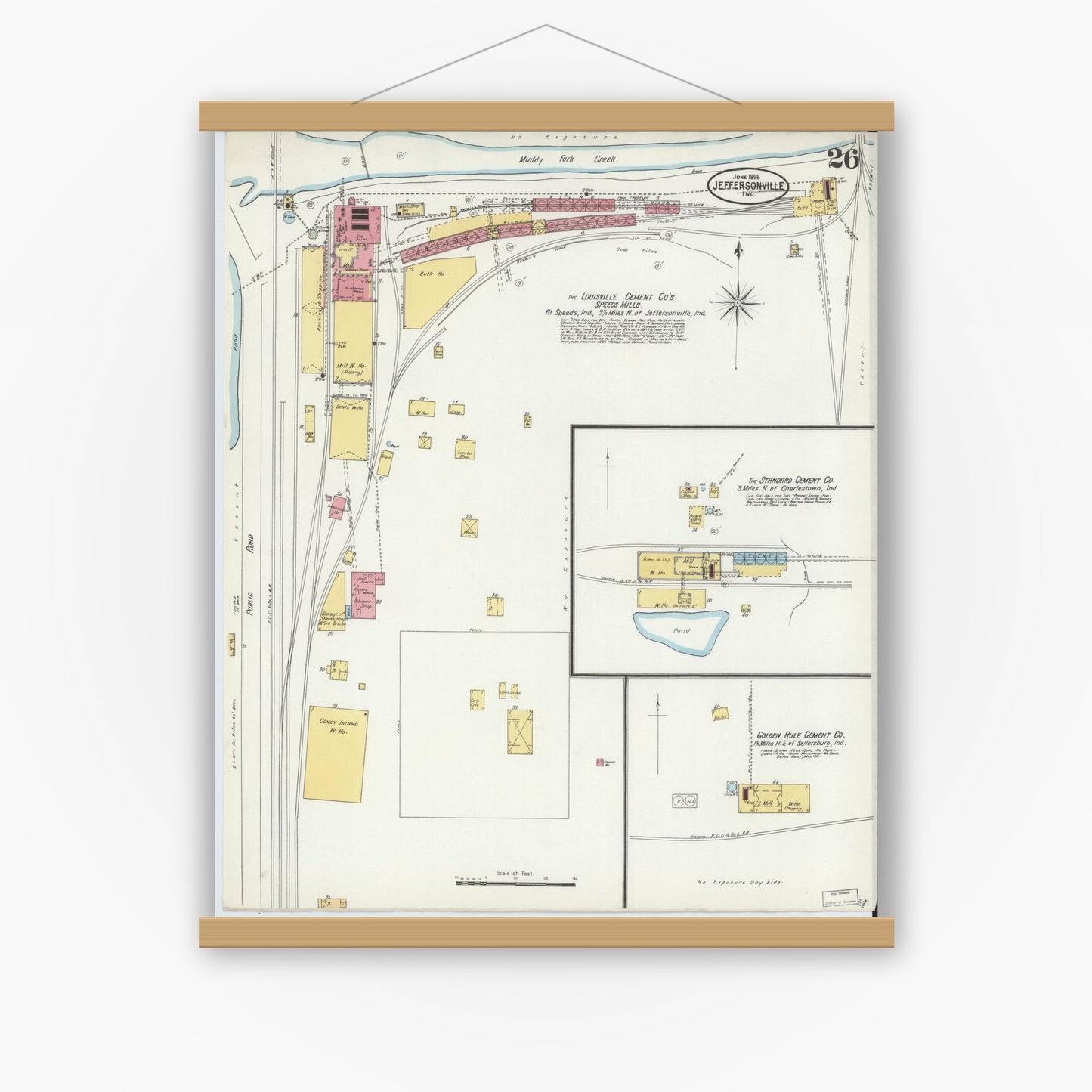 Old map wall art mockup — magnetic wood frame on white wall — Sanborn Fire Insurance Map from Jeffersonville, Clark County, Indiana (1898), Sheet #0026