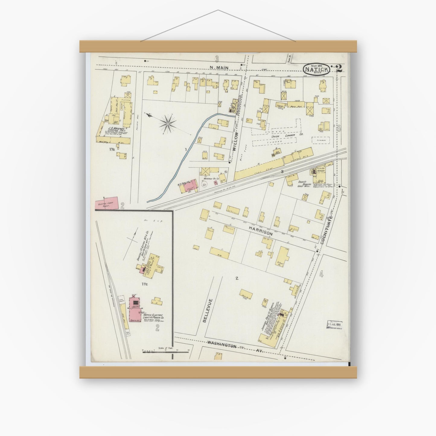 Old map wall art mockup — magnetic wood frame on white wall — Sanborn Fire Insurance Map from Natick, Middlesex County, Massachusetts (1894), Sheet #0002