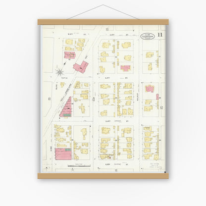Old map wall art mockup — magnetic wood frame on white wall — Sanborn Fire Insurance Map from Texarkana, Bowie County, Texas (1905), Sheet #0011