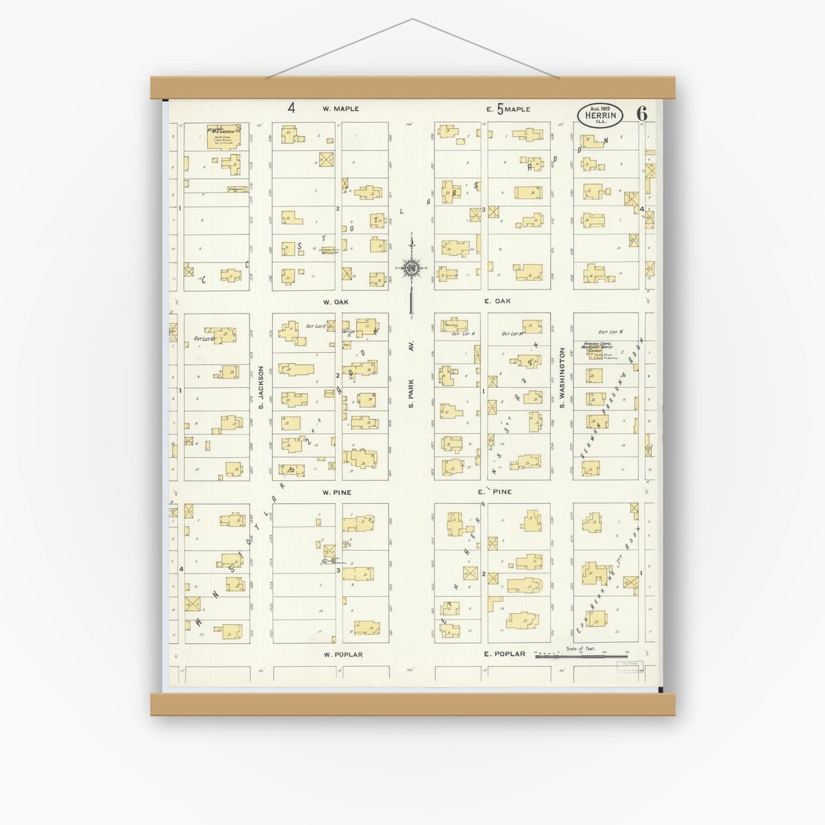 Old map wall art mockup — magnetic wood frame on white wall — Sanborn Fire Insurance Map from Herrin, Williamson County, Illinois (1909), Sheet #0006