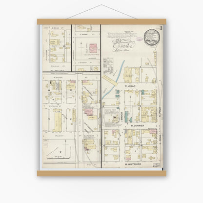 Old map wall art mockup — magnetic wood frame on white wall — Sanborn Fire Insurance Map from Noblesville, Hamilton County, Indiana (1887) - Complete Map Set