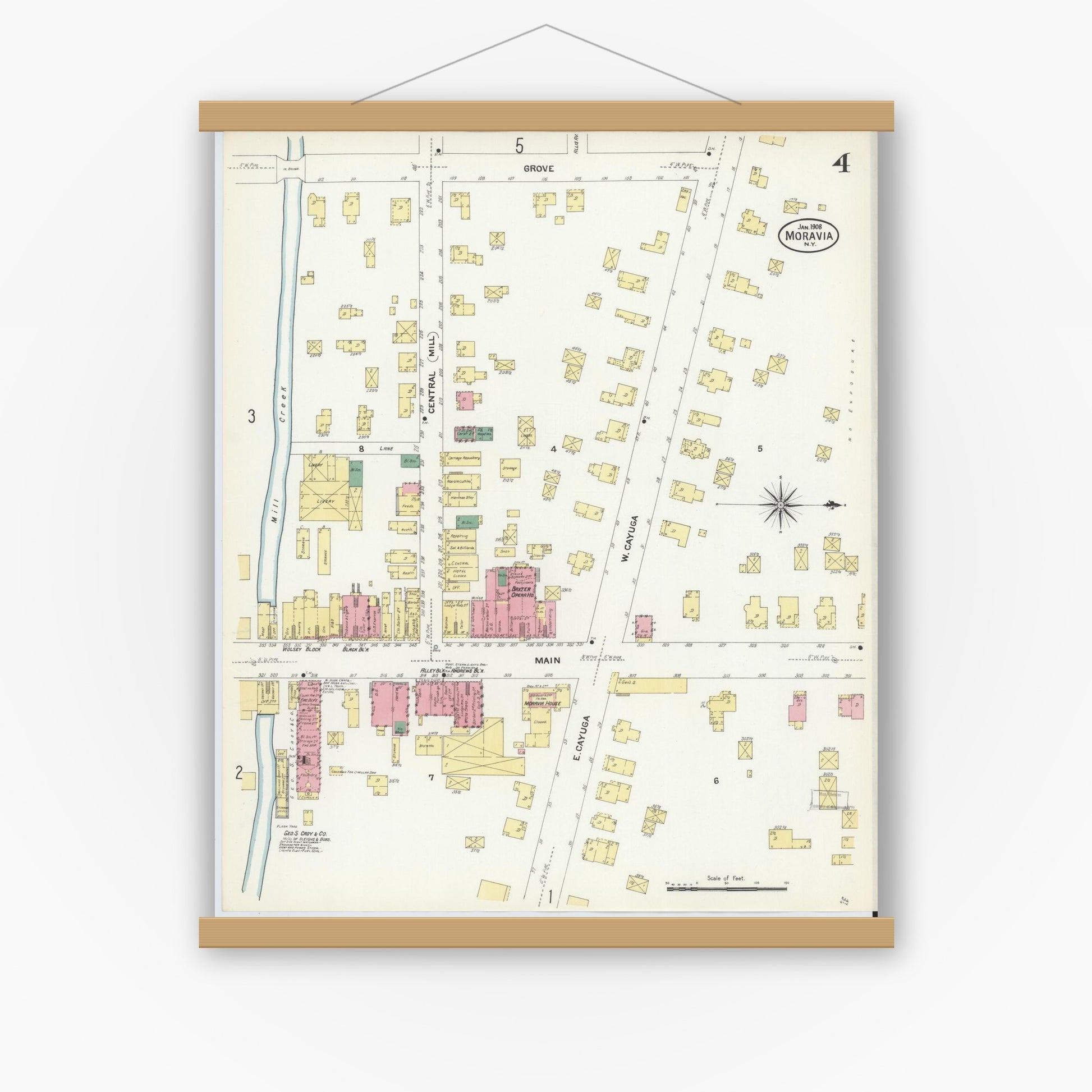 Old map wall art mockup — magnetic wood frame on white wall — Sanborn Fire Insurance Map from Moravia, Cayuga County, New York (1908), Sheet #0004