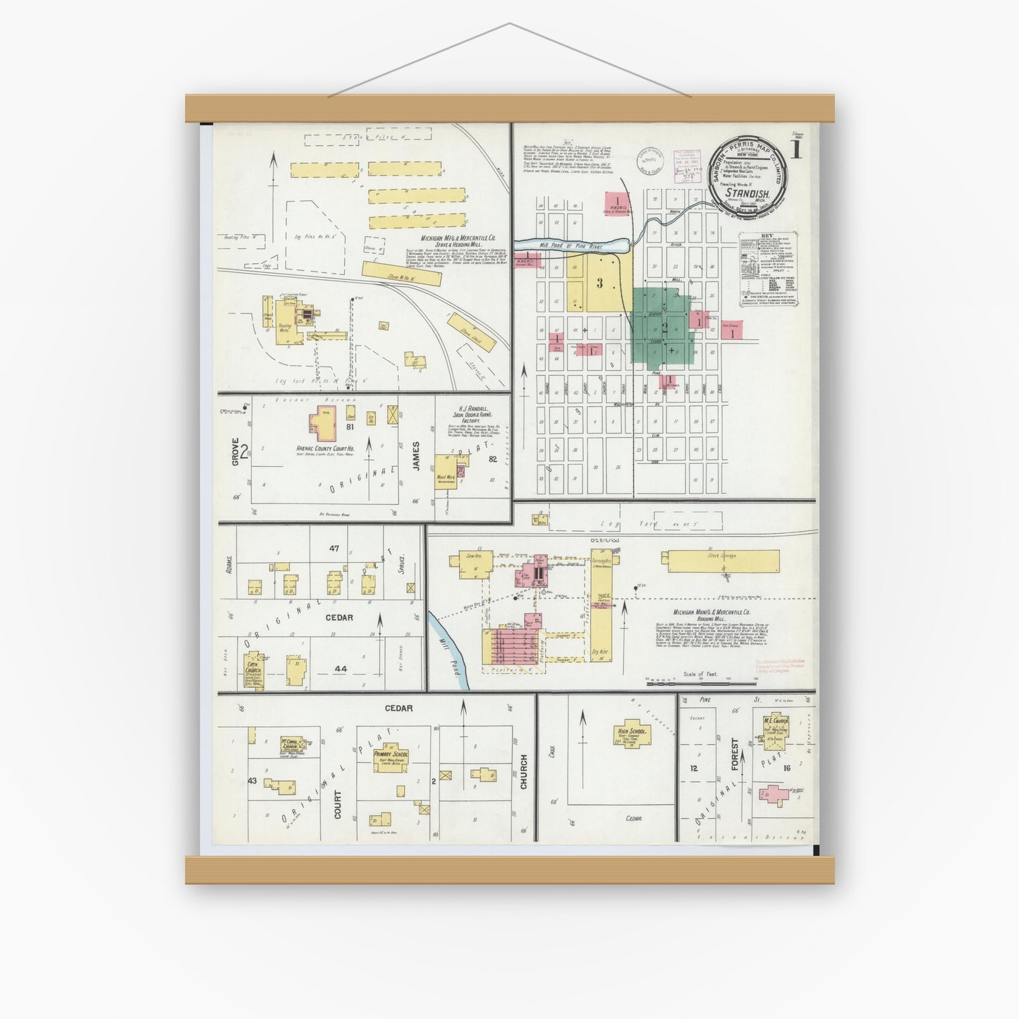 Old map wall art mockup — magnetic wood frame on white wall — Sanborn Fire Insurance Map from Standish, Arenac County, Michigan (1901) - Complete Map Set