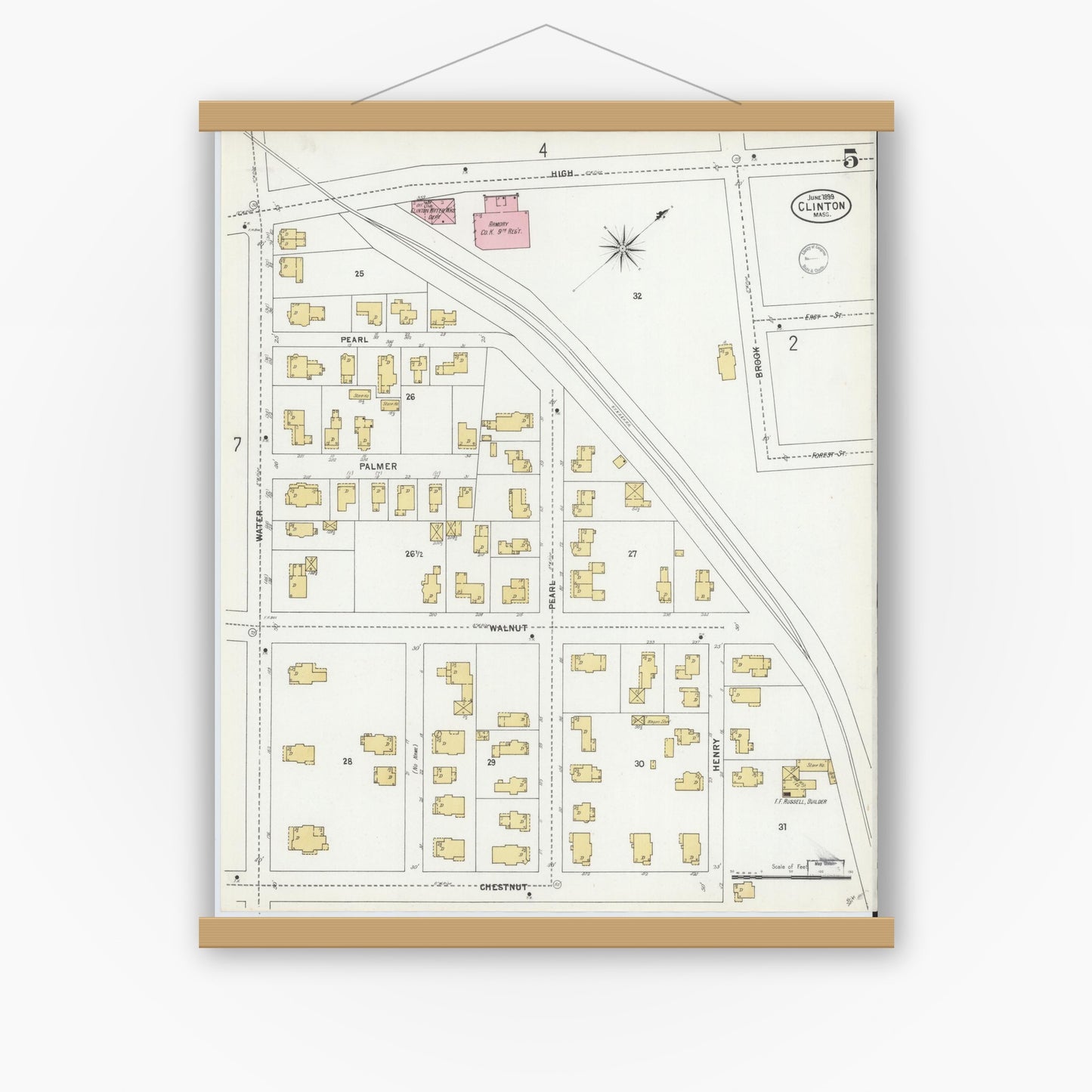 Old map wall art mockup — magnetic wood frame on white wall — Sanborn Fire Insurance Map from Clinton, Worcester County, Massachusetts (1899), Sheet #0005