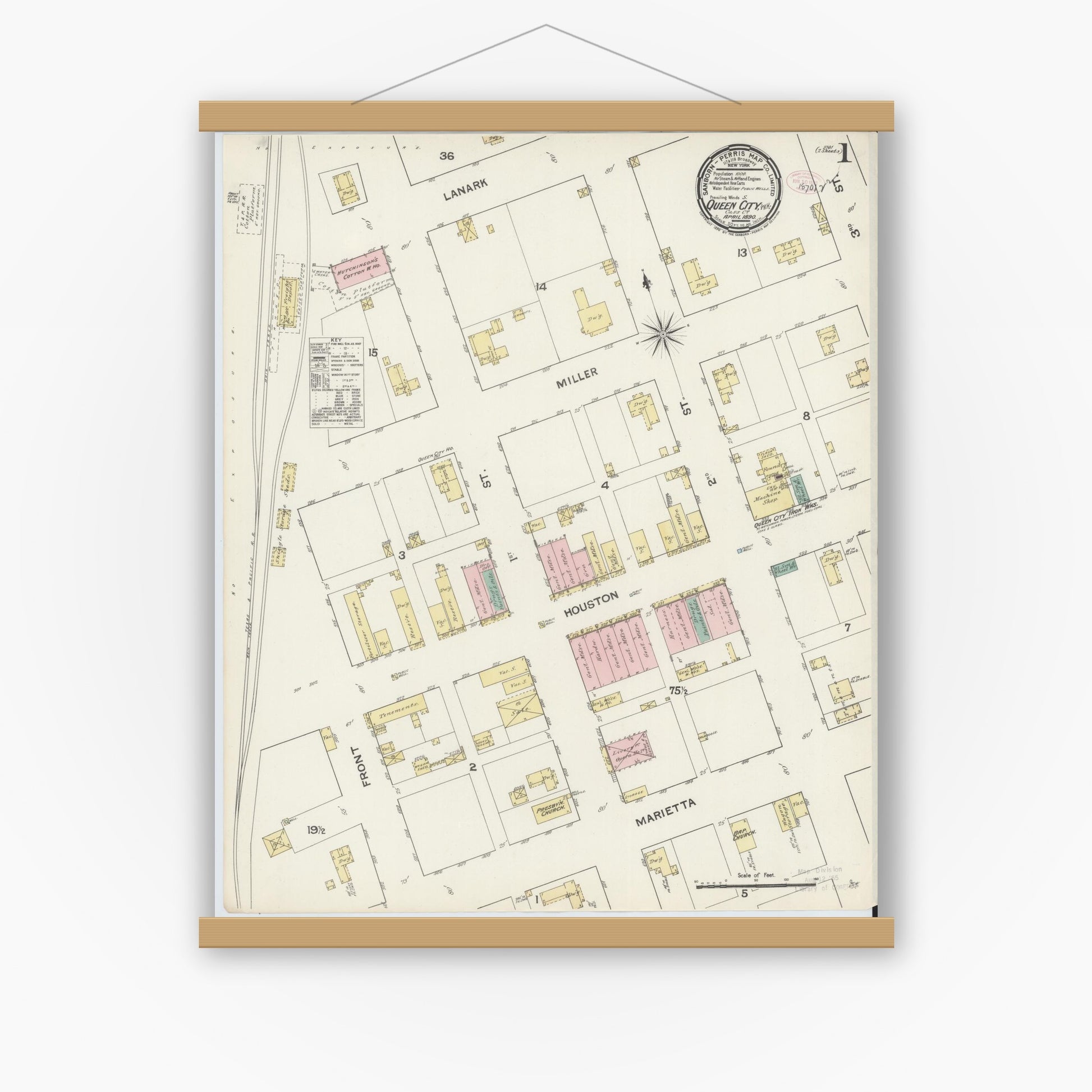 Old map wall art mockup — magnetic wood frame on white wall — Sanborn Fire Insurance Map from Queen City, Cass County, Texas (1890), Sheet #0001