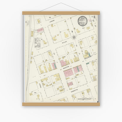 Old map wall art mockup — magnetic wood frame on white wall — Sanborn Fire Insurance Map from Queen City, Cass County, Texas (1890), Sheet #0001
