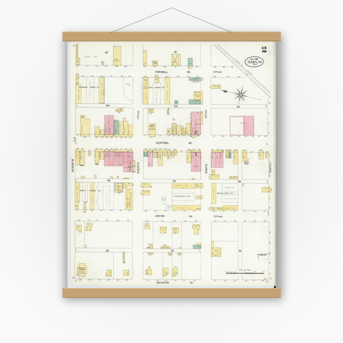 Old map wall art mockup — magnetic wood frame on white wall — Sanborn Fire Insurance Map from Hamlin, Jones County, Texas (1908), Sheet #0002