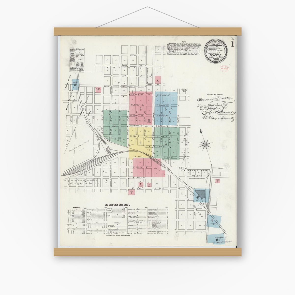 Old map wall art mockup — magnetic wood frame on white wall — Sanborn Fire Insurance Map from Temple, Bell County, Texas (1896), Sheet #0001