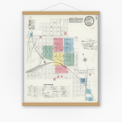 Old map wall art mockup — magnetic wood frame on white wall — Sanborn Fire Insurance Map from Temple, Bell County, Texas (1896), Sheet #0001