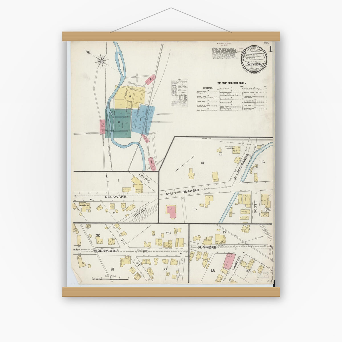 Old map wall art mockup — magnetic wood frame on white wall — Sanborn Fire Insurance Map from Olyphant, Lackawanna County, Pennsylvania (1893) - Complete Map Set