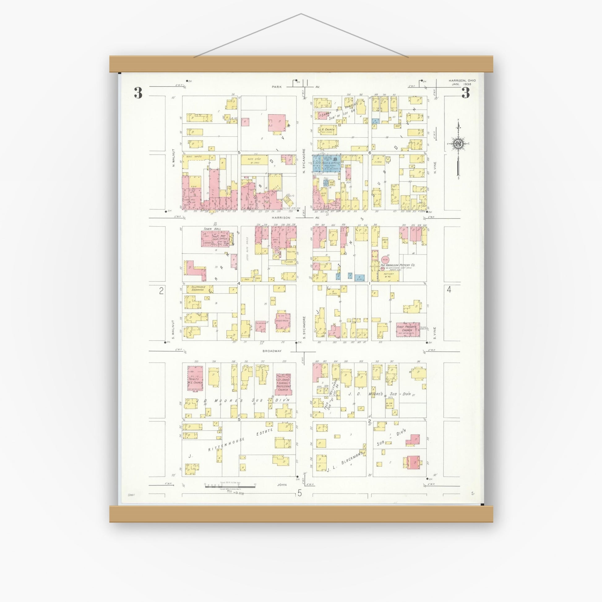 Old map wall art mockup — magnetic wood frame on white wall — Sanborn Fire Insurance Map from Harrison, Hamilton County, Ohio (1938), Sheet #0003