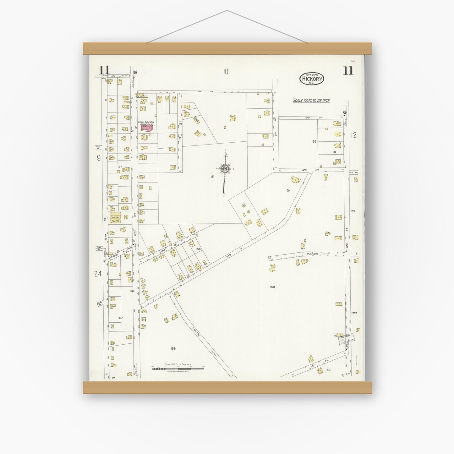 Old map wall art mockup — magnetic wood frame on white wall — Sanborn Fire Insurance Map from Hickory, Catawba County, North Carolina (1925), Sheet #0011