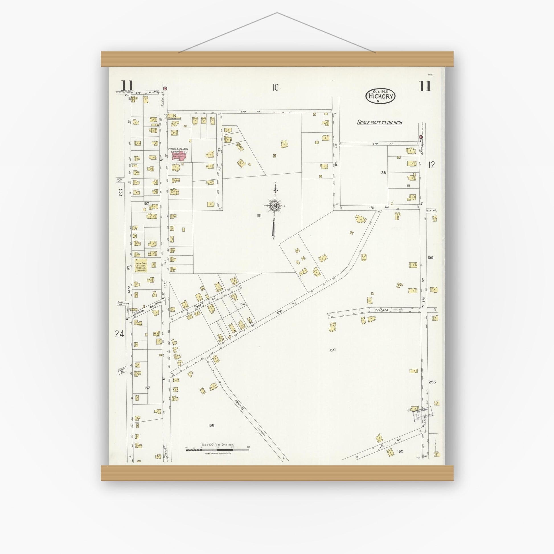 Old map wall art mockup — magnetic wood frame on white wall — Sanborn Fire Insurance Map from Hickory, Catawba County, North Carolina (1925), Sheet #0011