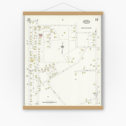 Old map wall art mockup — magnetic wood frame on white wall — Sanborn Fire Insurance Map from Hickory, Catawba County, North Carolina (1925), Sheet #0011