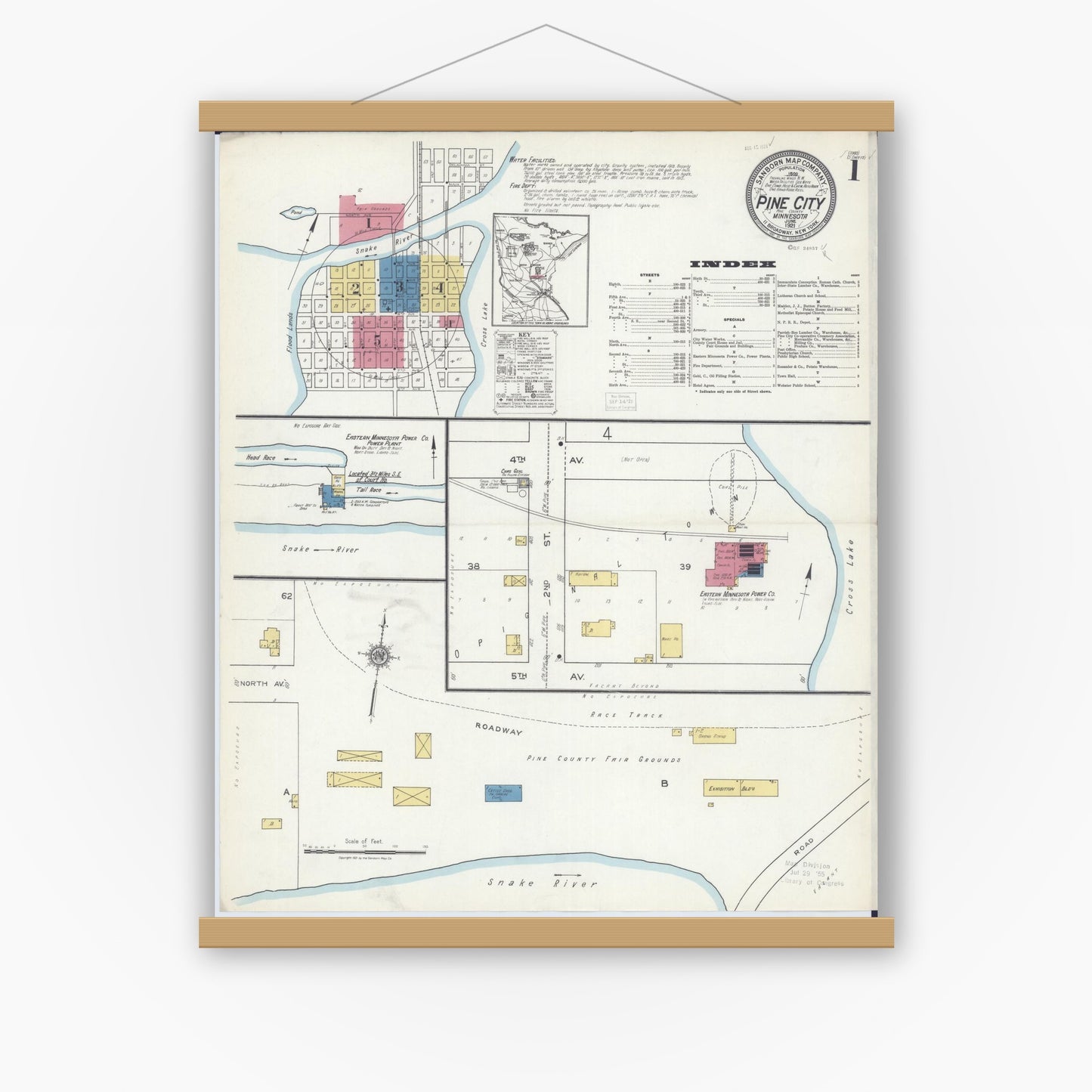 Old map wall art mockup — magnetic wood frame on white wall — Sanborn Fire Insurance Map from Pine City, Pine County, Minnesota (1921) - Complete Map Set