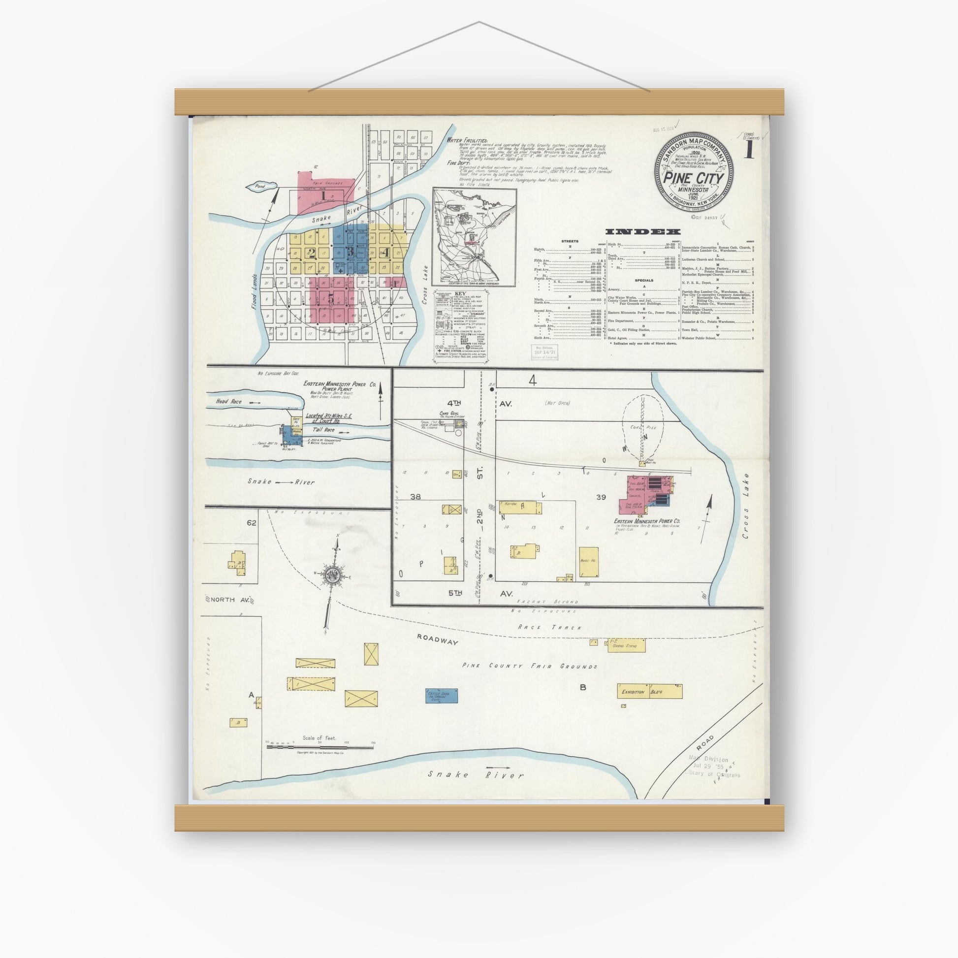 Old map wall art mockup — magnetic wood frame on white wall — Sanborn Fire Insurance Map from Pine City, Pine County, Minnesota (1921) - Complete Map Set