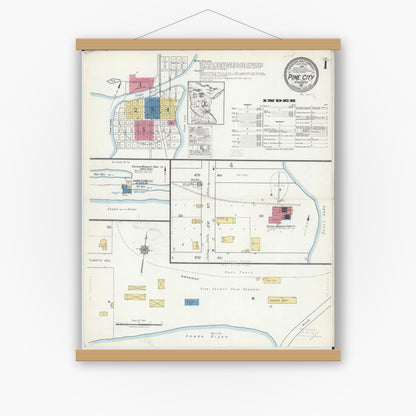 Old map wall art mockup — magnetic wood frame on white wall — Sanborn Fire Insurance Map from Pine City, Pine County, Minnesota (1921) - Complete Map Set