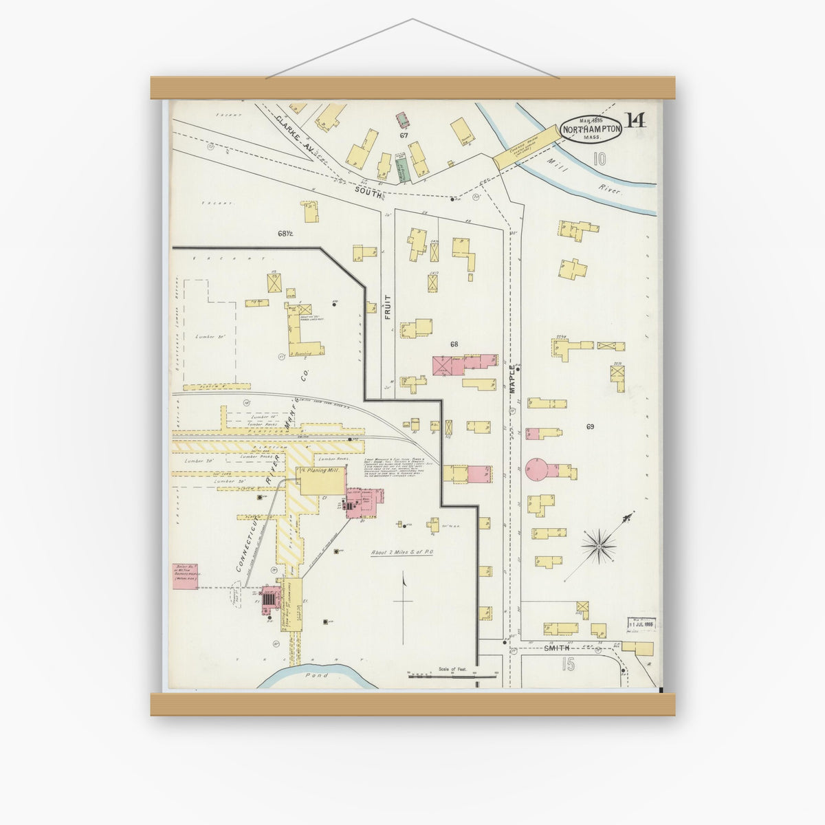 Old map wall art mockup — magnetic wood frame on white wall — Sanborn Fire Insurance Map from Northampton, Hampshire County, Massachusetts (1895), Sheet #0014