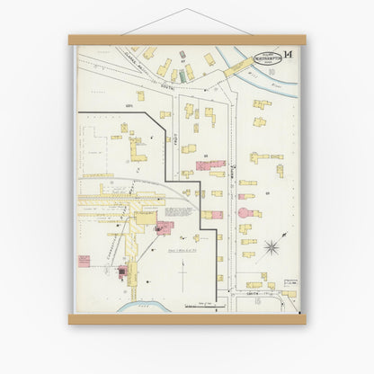 Old map wall art mockup — magnetic wood frame on white wall — Sanborn Fire Insurance Map from Northampton, Hampshire County, Massachusetts (1895), Sheet #0014