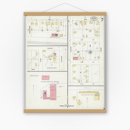 Old map wall art mockup — magnetic wood frame on white wall — Sanborn Fire Insurance Map from Macon, Macon County, Missouri (1902), Sheet #0007